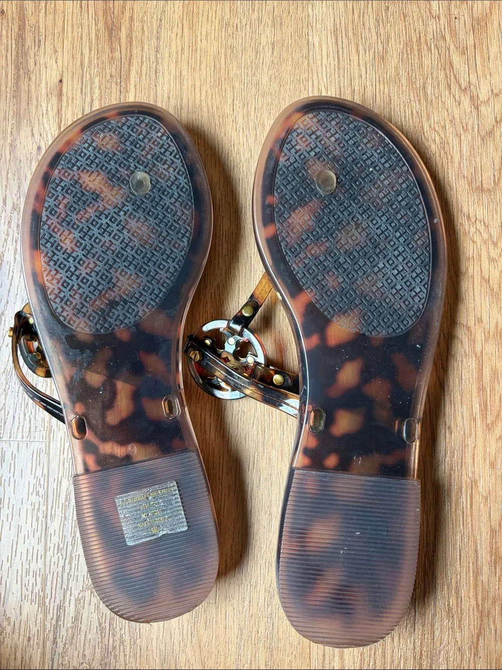 Tory Burch Miller Jelly Sandals Tortoise Brown Gold Logo Thong Flip Flops